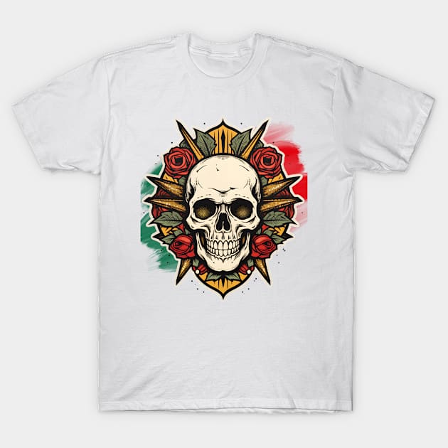 Rebel Roses: Gothic Skull Surrounded by Lush Florals, Dartboard-Inspired, Edgy Tattoo Artwork T-Shirt by WarFX Designs